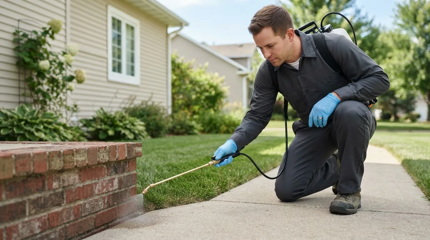 Pest control technician treating a home near Jamestown, IN